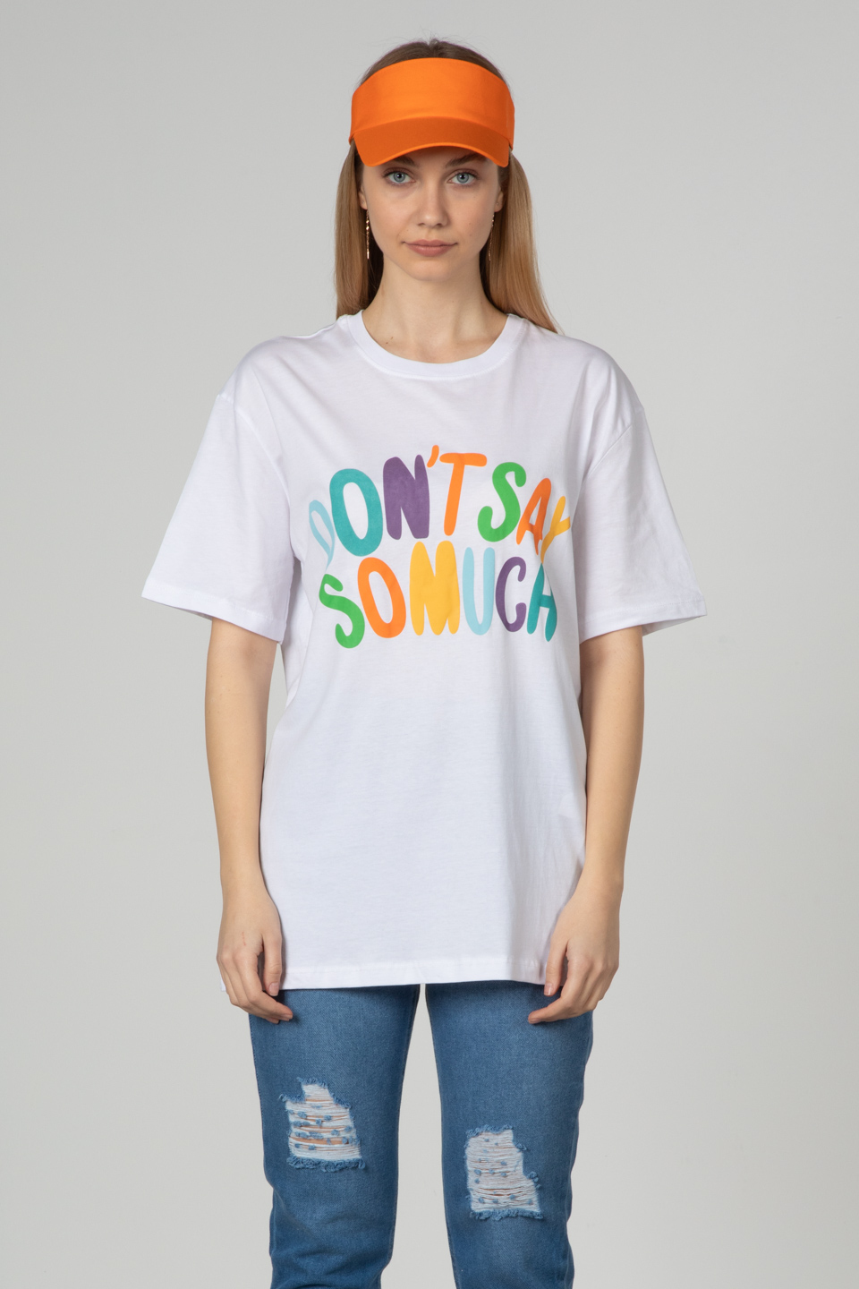 Don't say kabartma baskılı t-shirt-3572 Beyaz