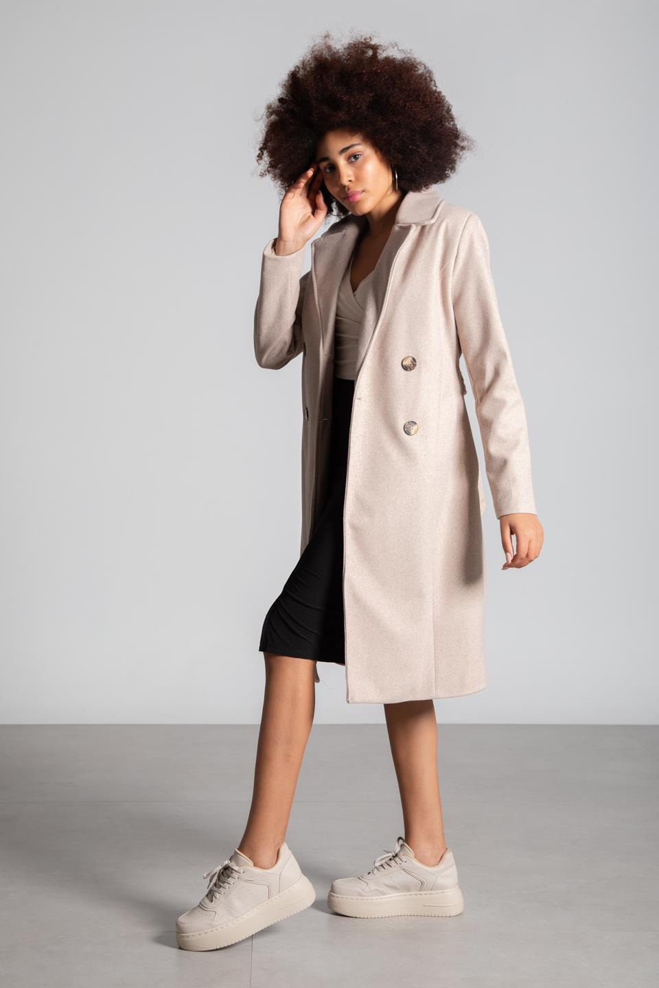 Dört Düğmeli Kuşaklı Kaban - Bej