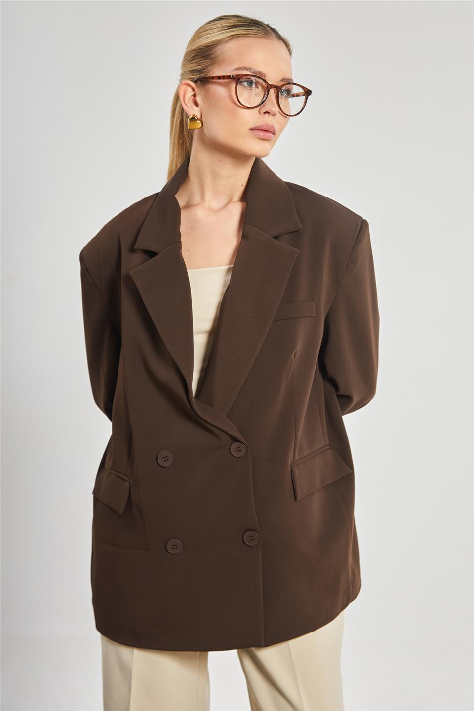 Dört düğmeli oversize blazer ceket-7436 Acı Kahve