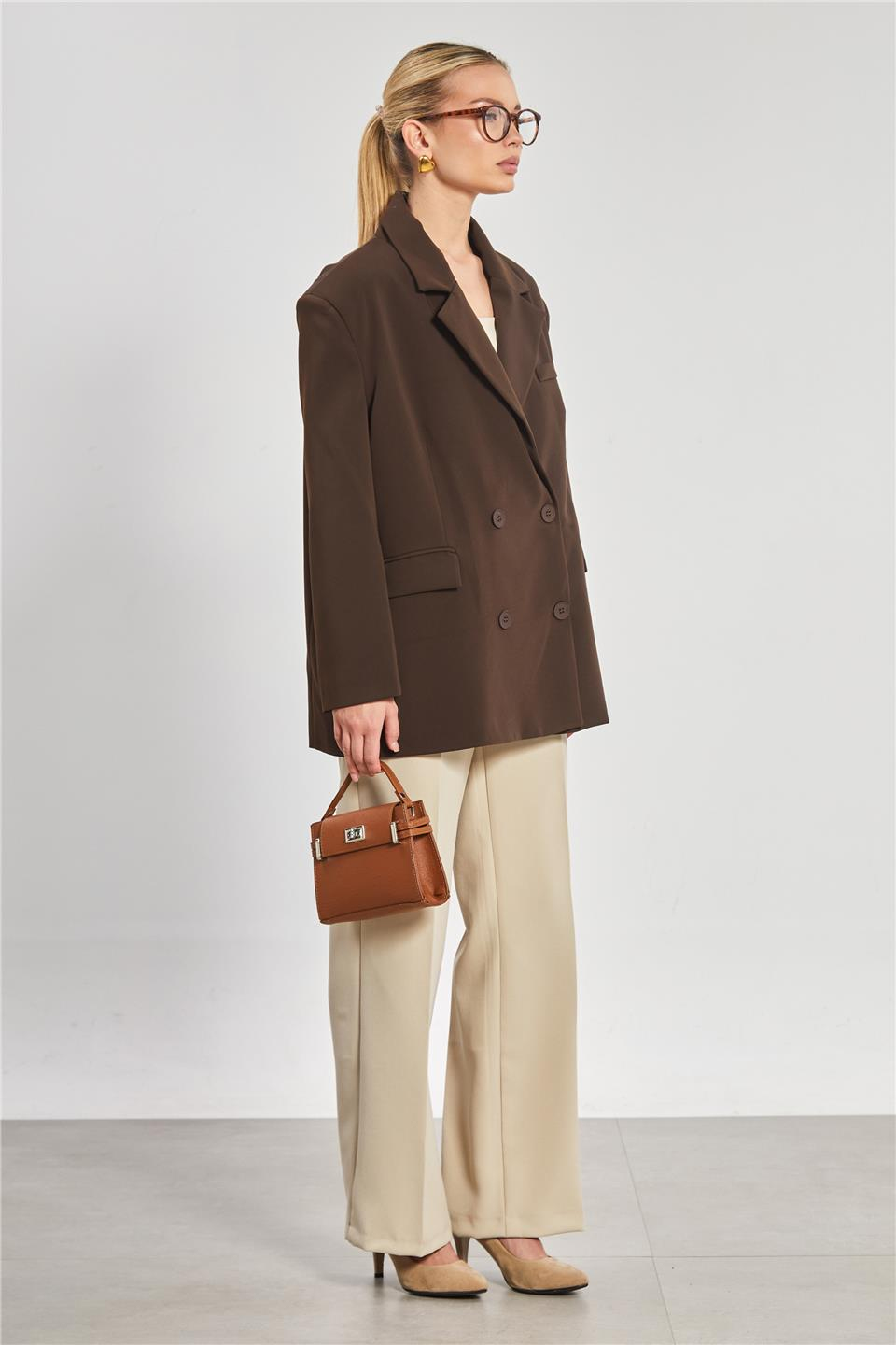 Dört düğmeli oversize blazer ceket-7436 Acı Kahve
