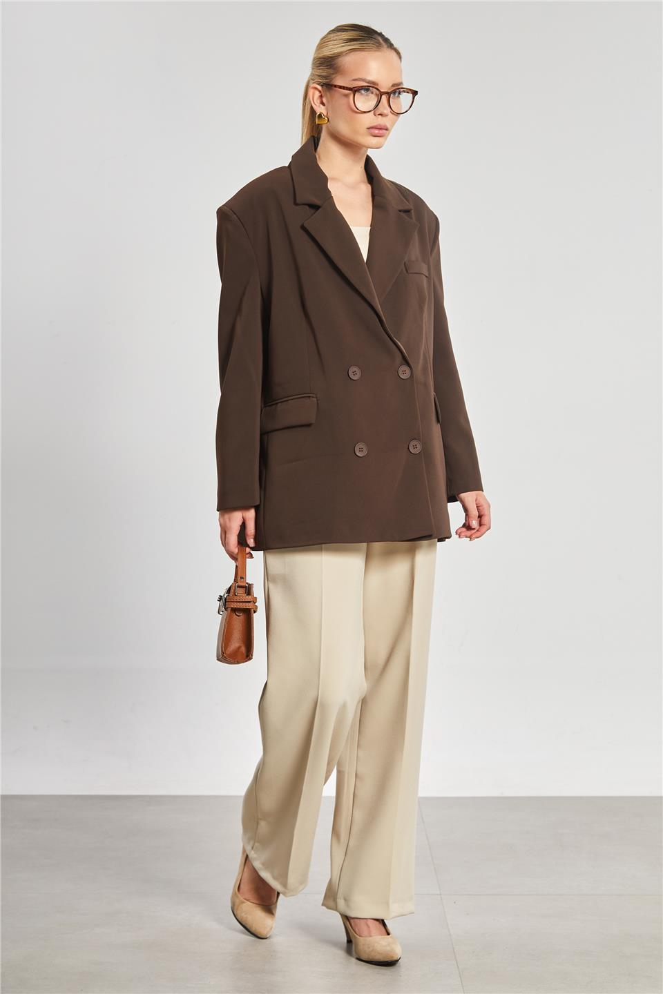 Dört düğmeli oversize blazer ceket-7436 Acı Kahve