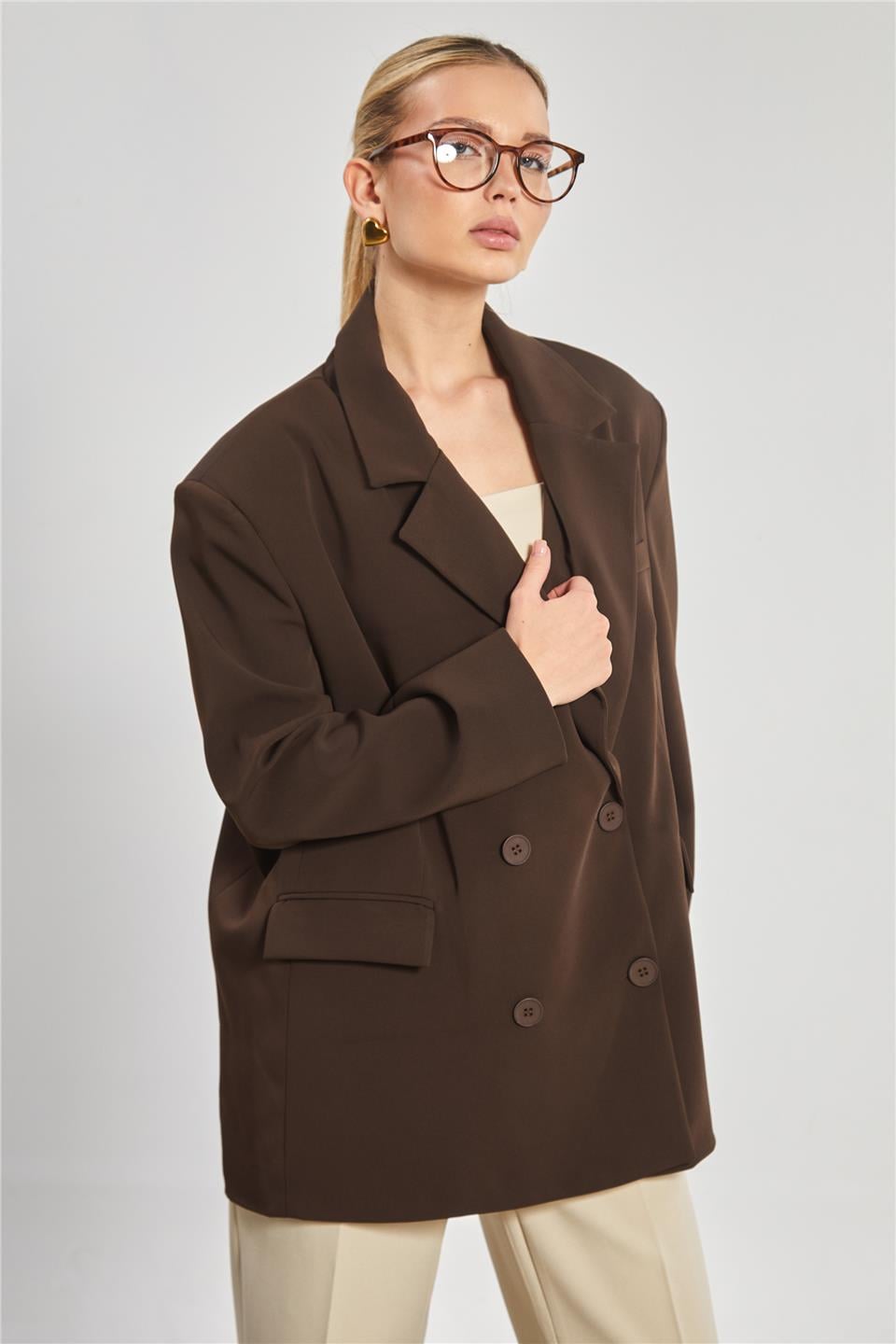 Dört düğmeli oversize blazer ceket-7436 Acı Kahve