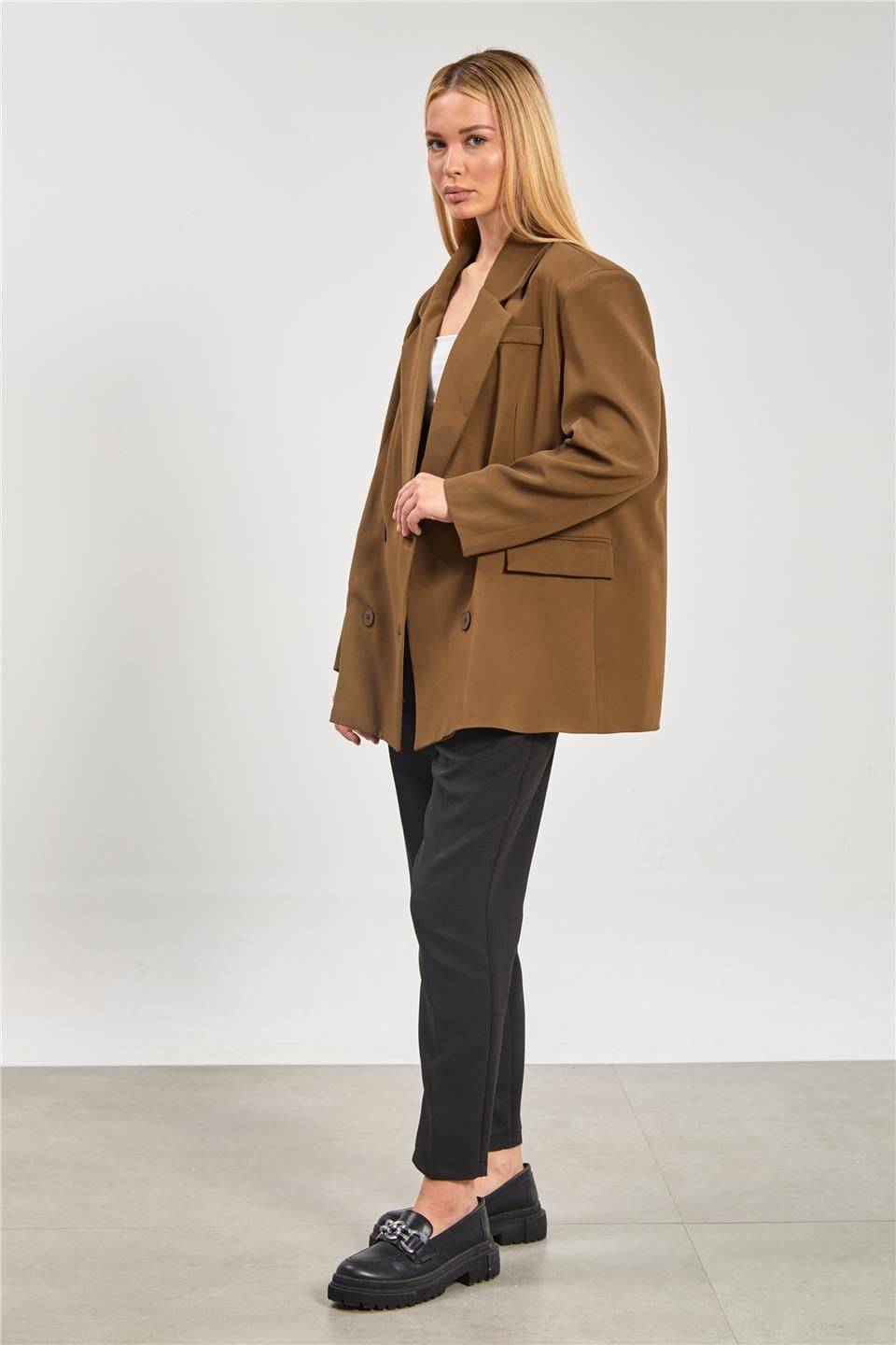 Dört düğmeli oversize blazer ceket-7436 Haki