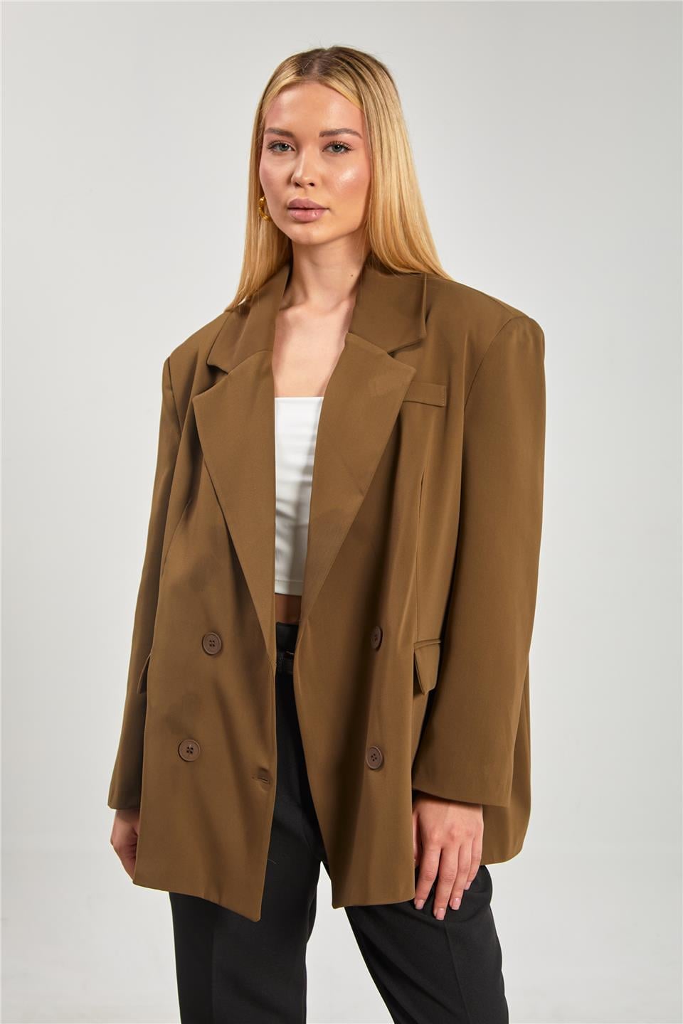 Dört düğmeli oversize blazer ceket-7436 Haki