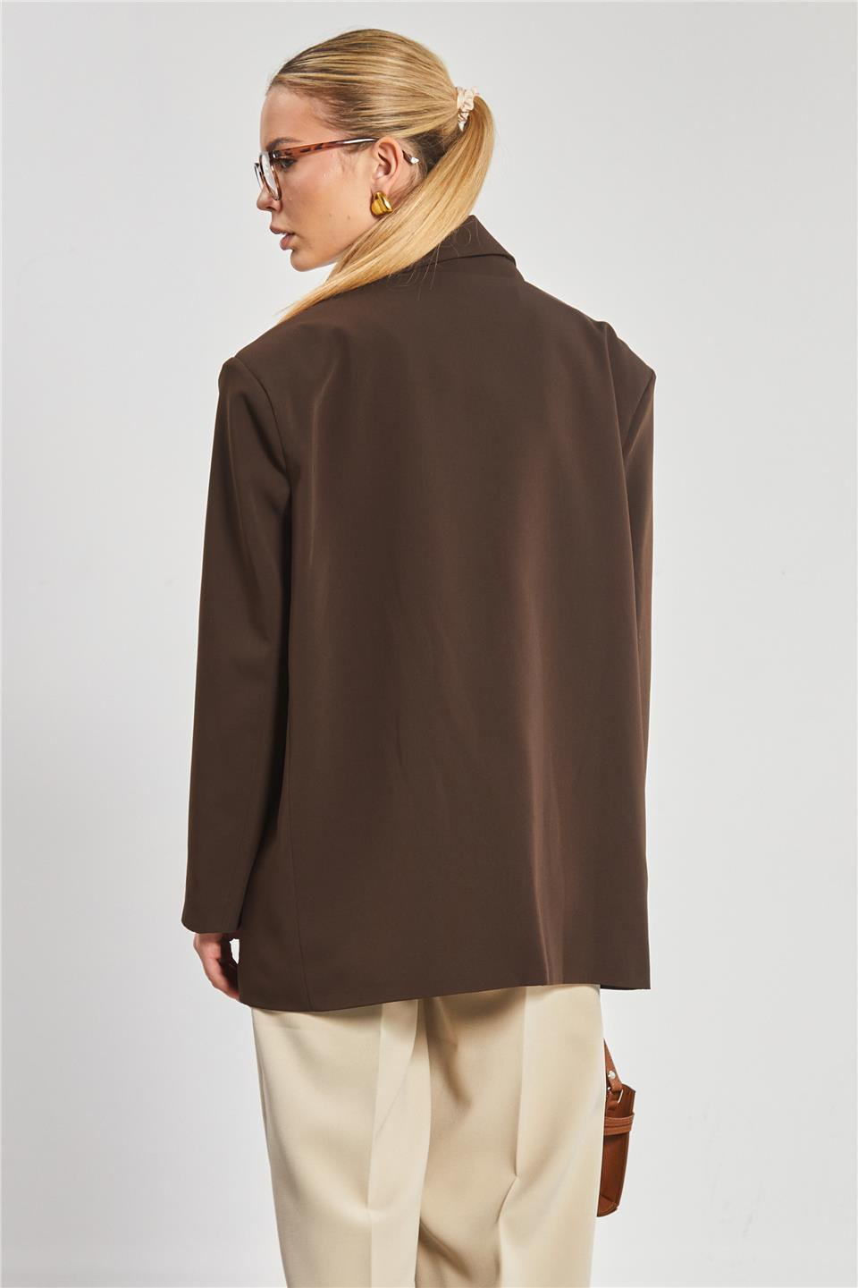 Dört düğmeli oversize blazer ceket-7436 Acı Kahve