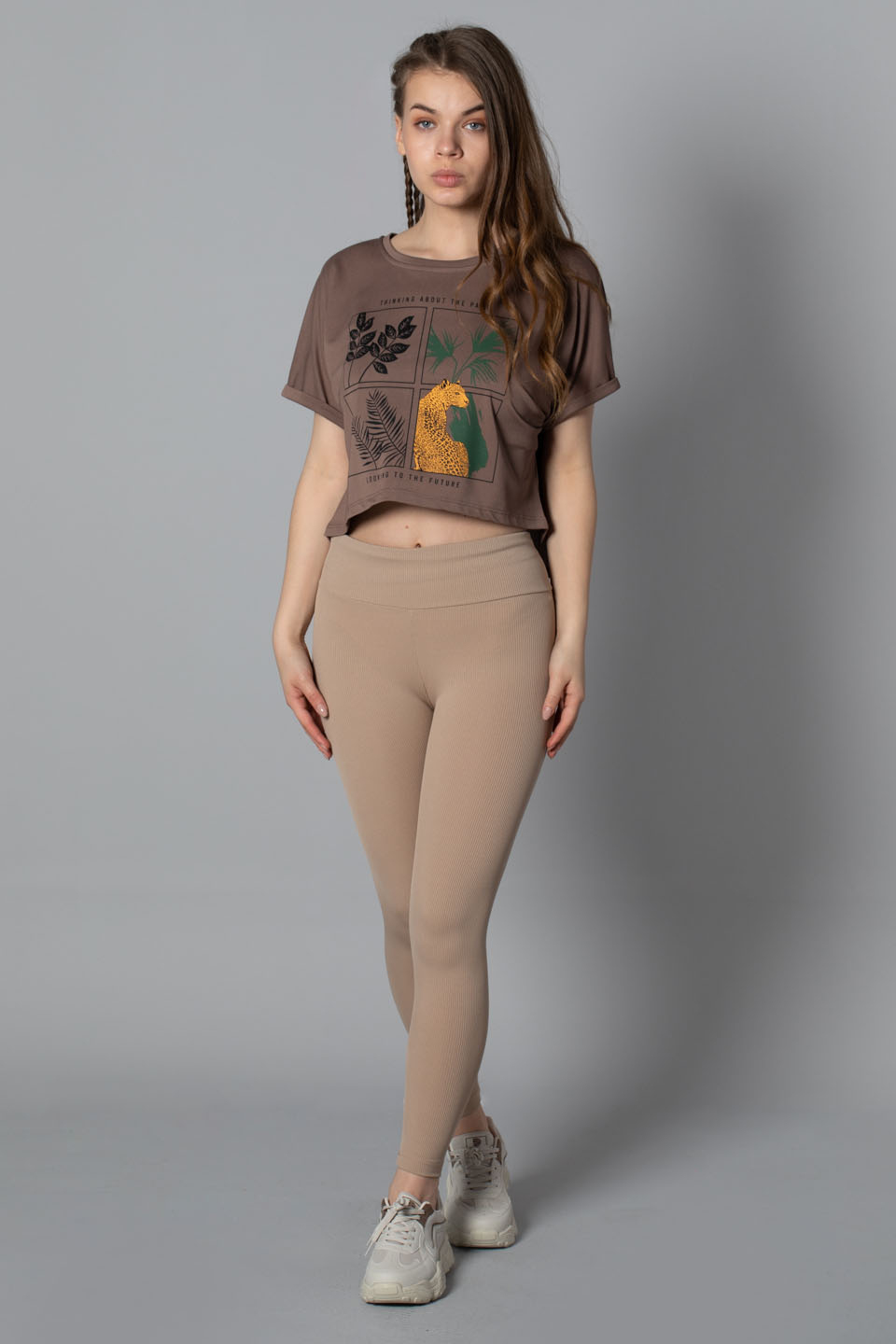 Double kol baskılı t-shirt-9889 Kahve