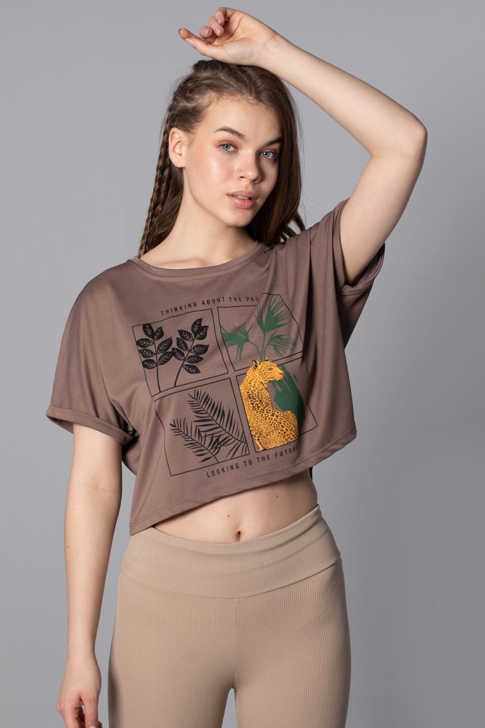 Double kol baskılı t-shirt-9889 Kahve