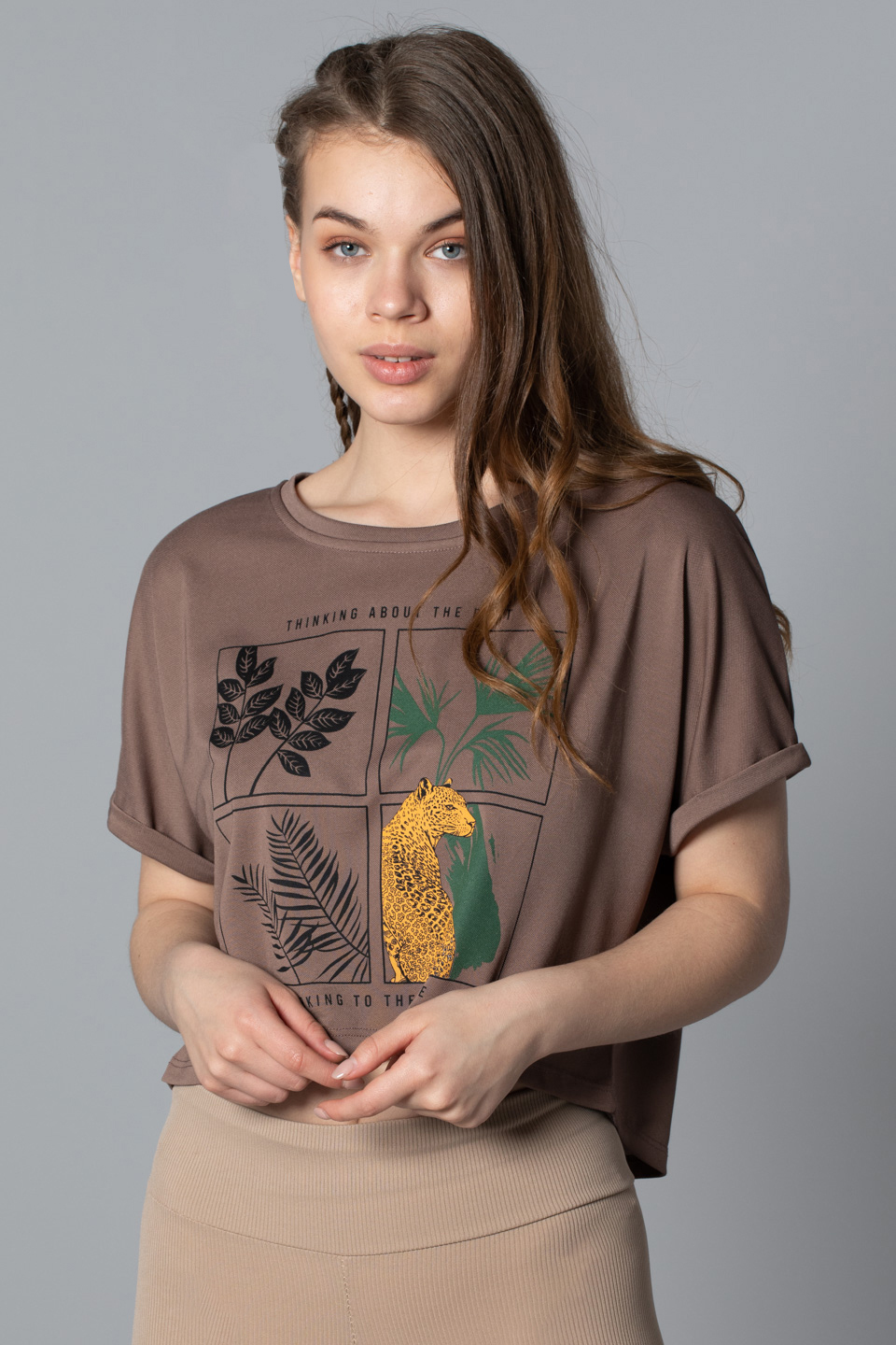 Double kol baskılı t-shirt-9889 Kahve