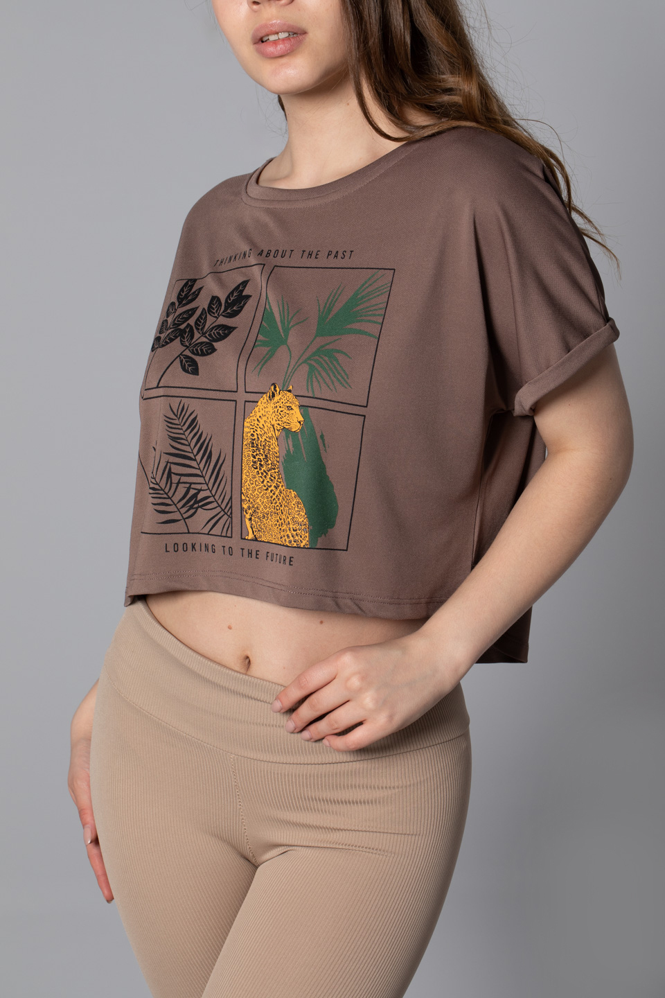 Double kol baskılı t-shirt-9889 Kahve