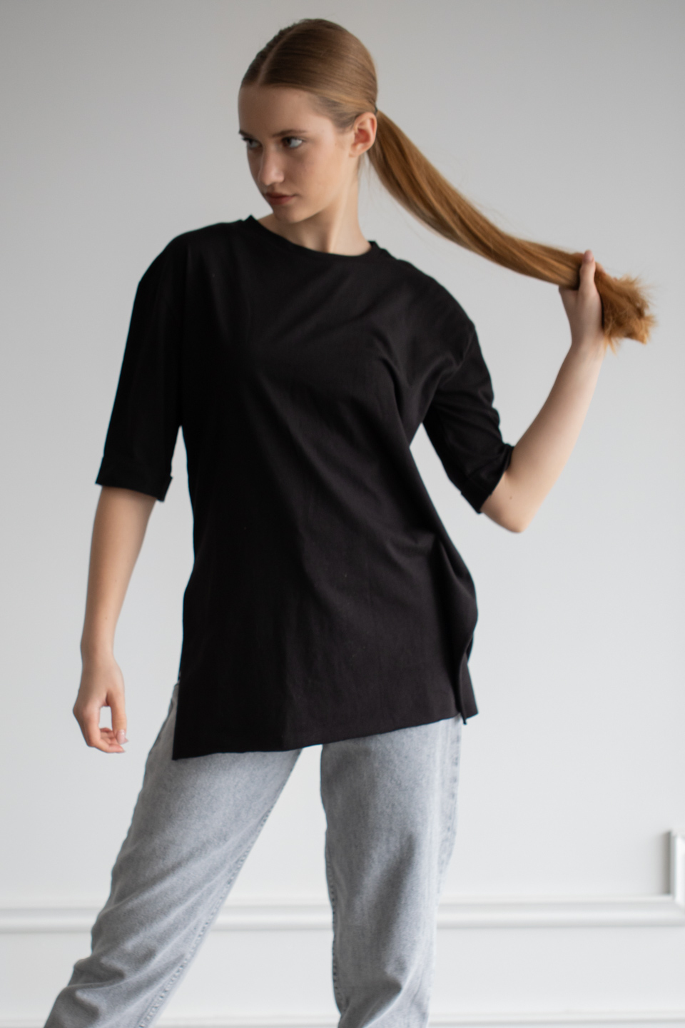 Double kol yandan yırtmaçlı bisiklet yaka t-shirt-22F-135 Siyah
