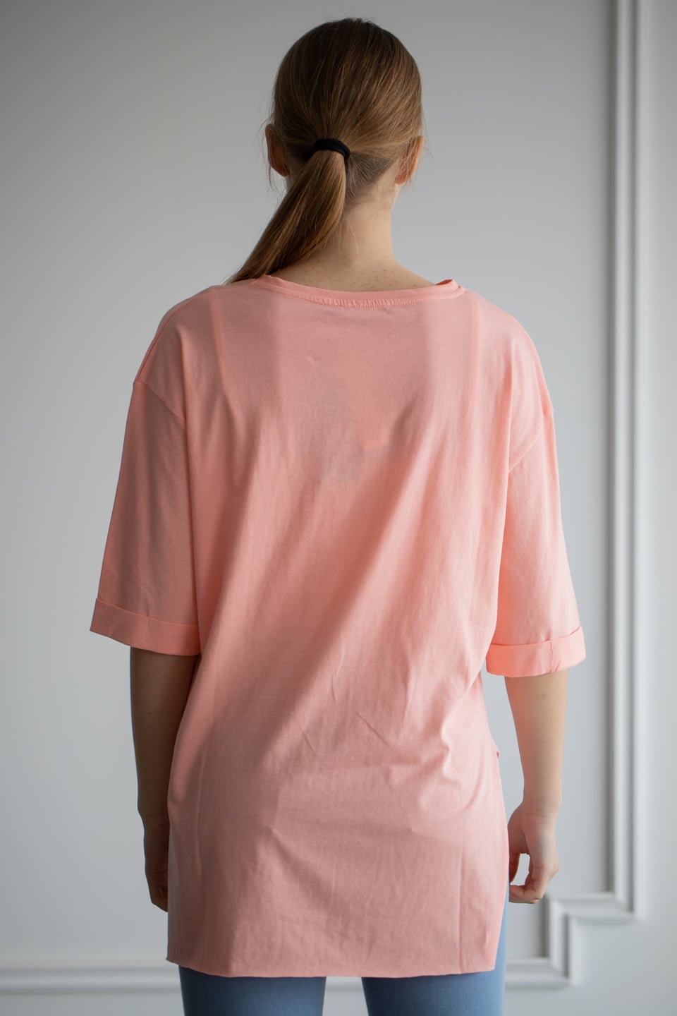 Double kol yandan yırtmaçlı bisiklet yaka t-shirt-22F-135 Somon