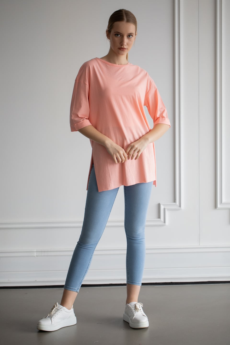 Double kol yandan yırtmaçlı bisiklet yaka t-shirt-22F-135 Somon