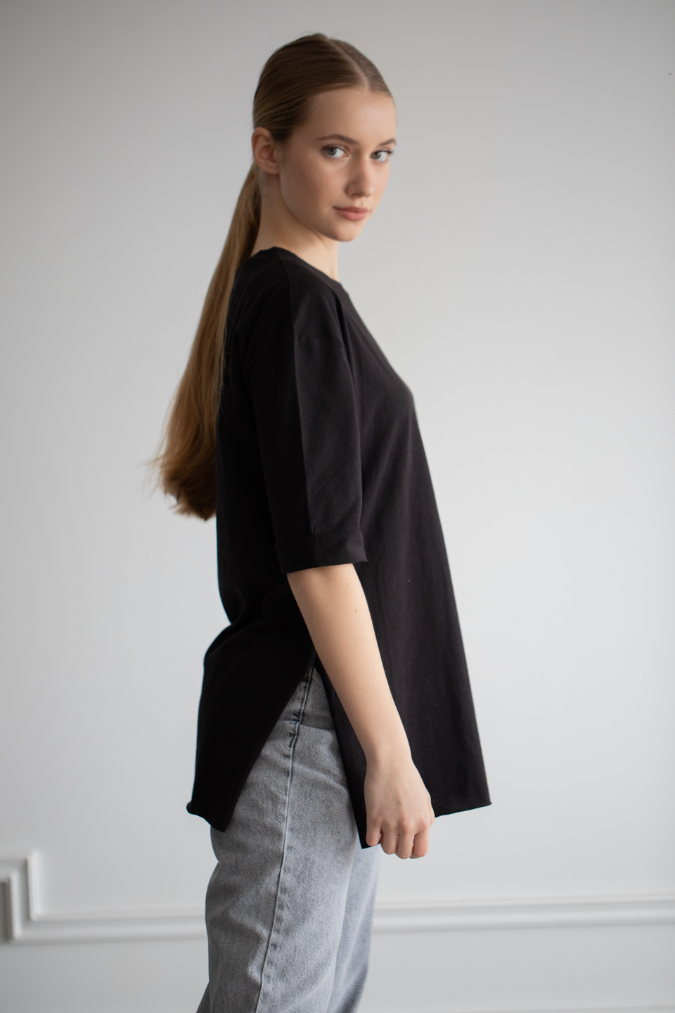 Double kol yandan yırtmaçlı bisiklet yaka t-shirt-22F-135 Siyah