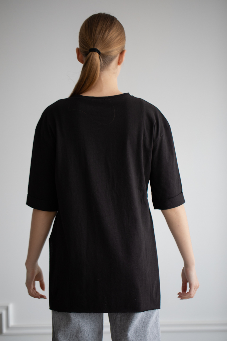 Double kol yandan yırtmaçlı bisiklet yaka t-shirt-22F-135 Siyah