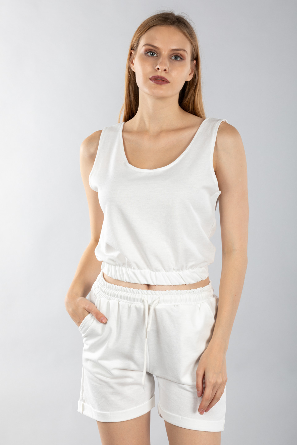 Double paça şortlu takım-4251 Ekru