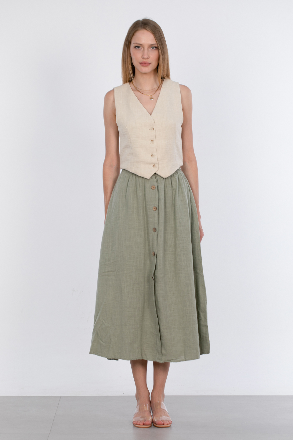 Düğmeli crop yelek-23-260 Taş