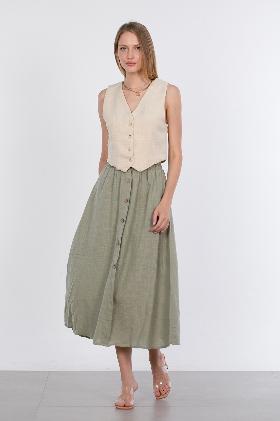 Düğmeli crop yelek-23-260 Taş