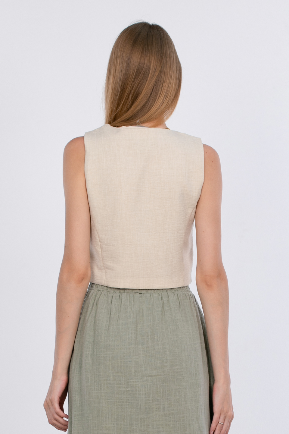 Düğmeli crop yelek-23-260 Taş