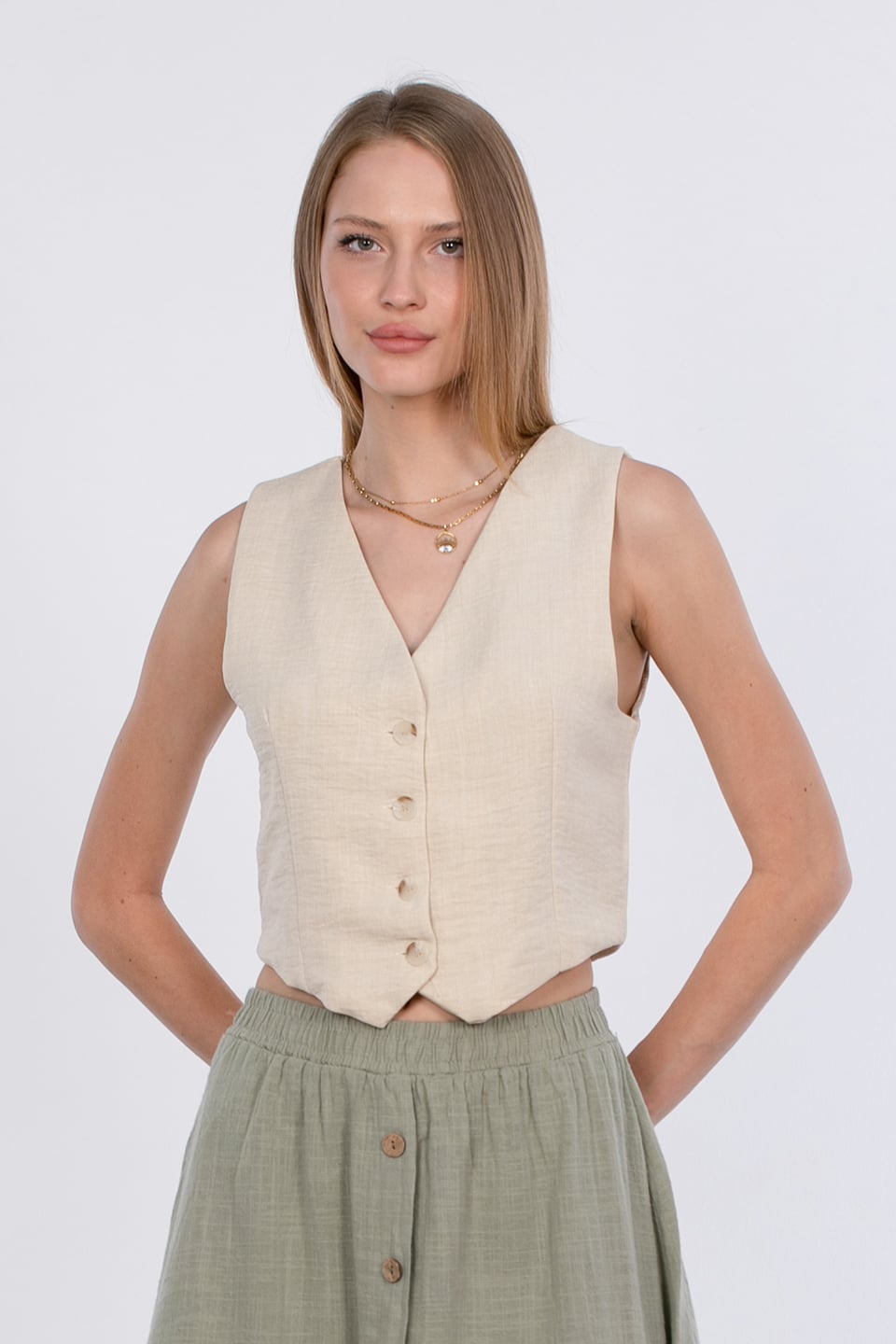 Düğmeli crop yelek-23-260 Taş