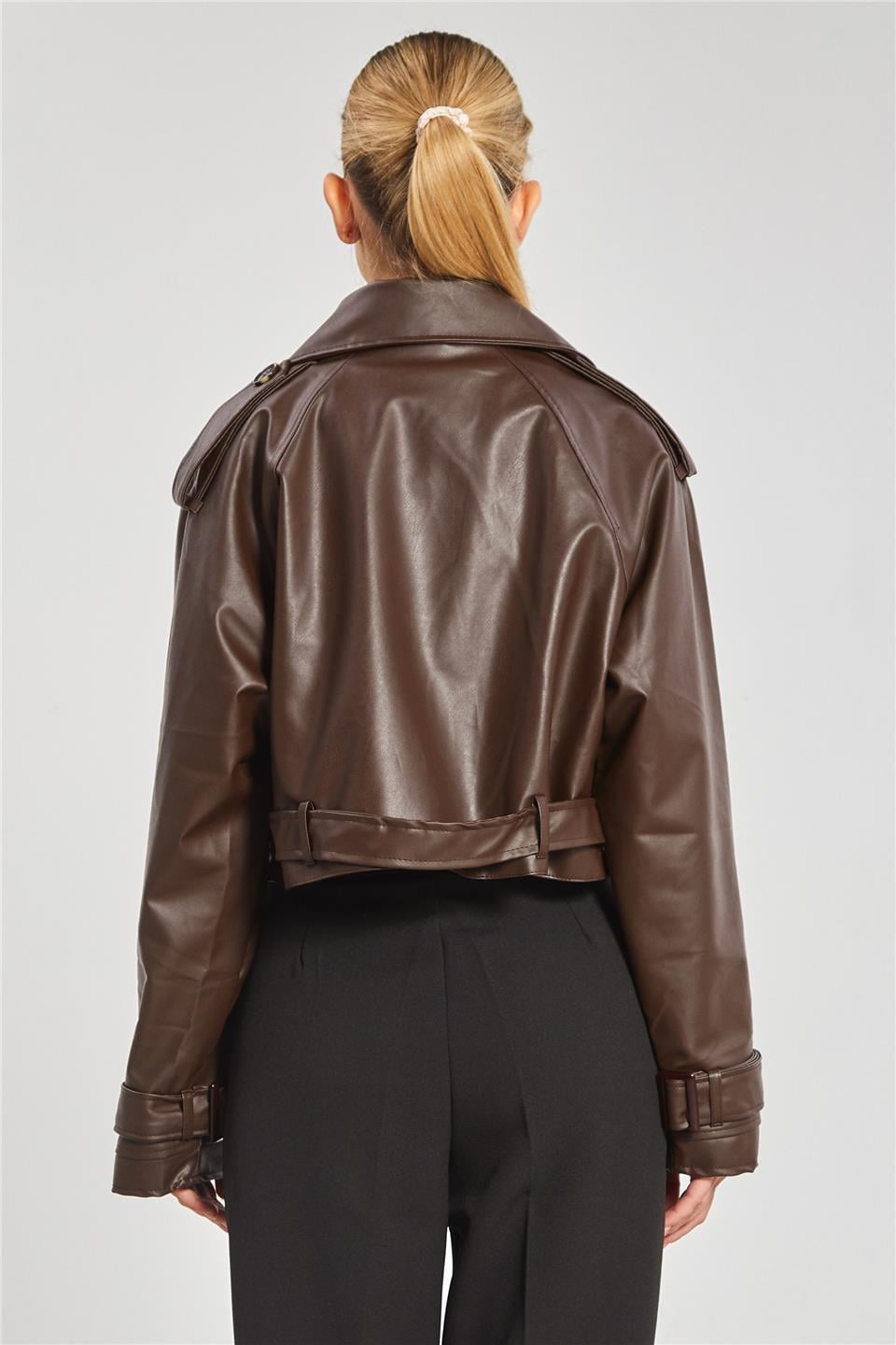 Düğmeli kısa deri ceket-2386 Acı Kahve