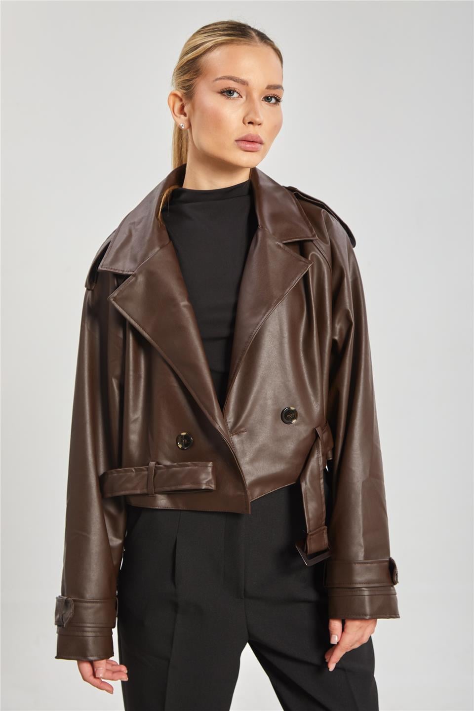 Düğmeli kısa deri ceket-2386 Acı Kahve