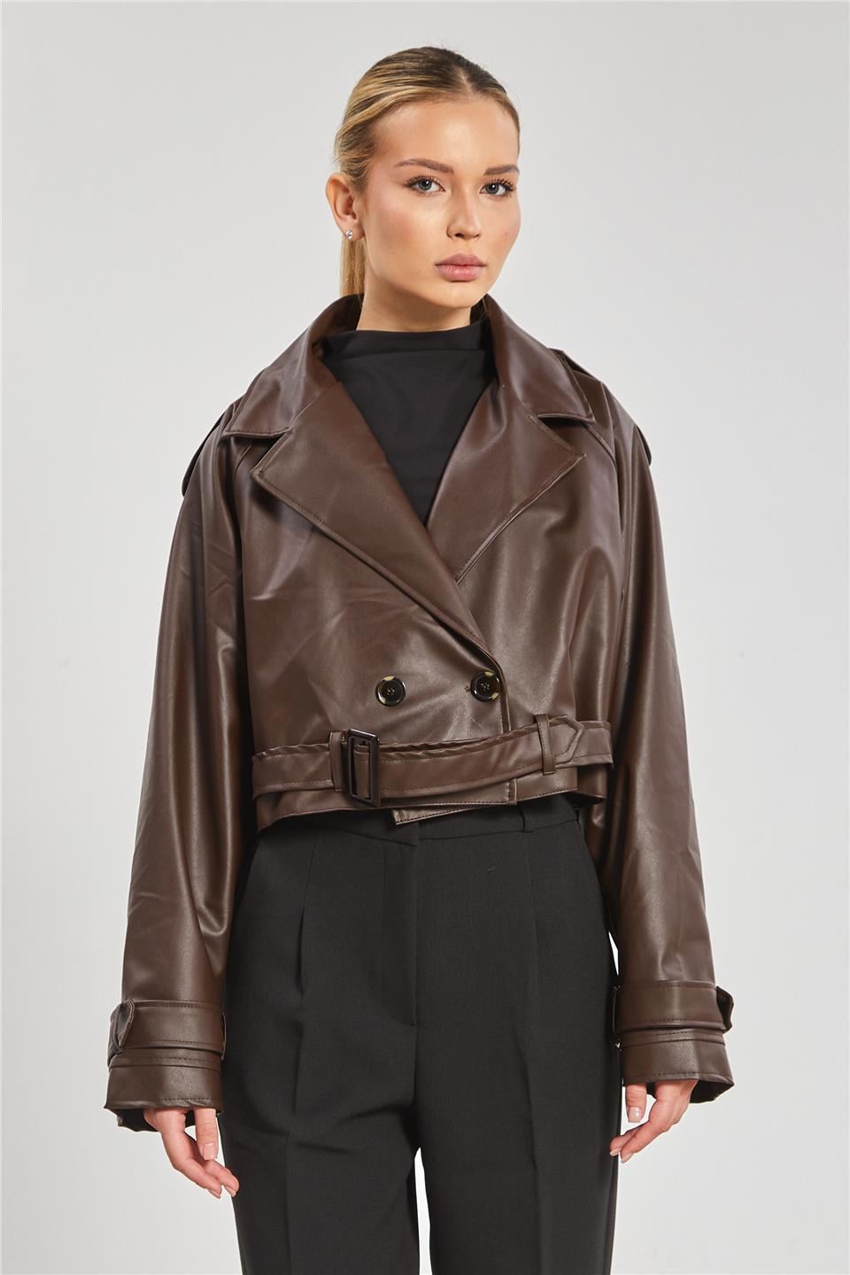 Düğmeli kısa deri ceket-2386 Acı Kahve