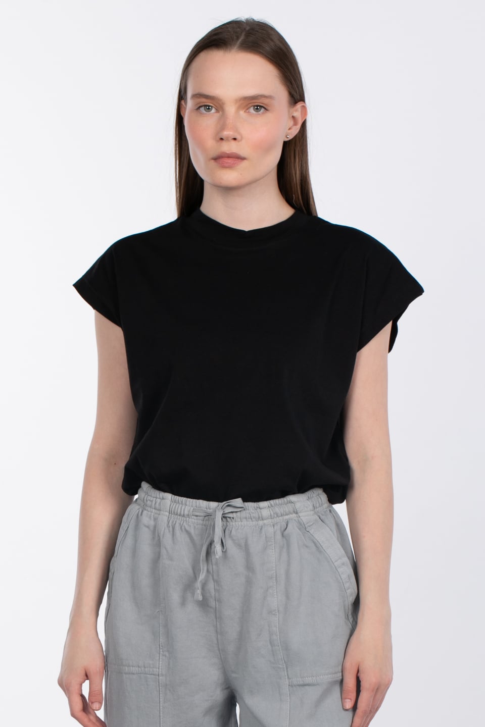 Düşük kol basıc t-shirt-4065 Siyah