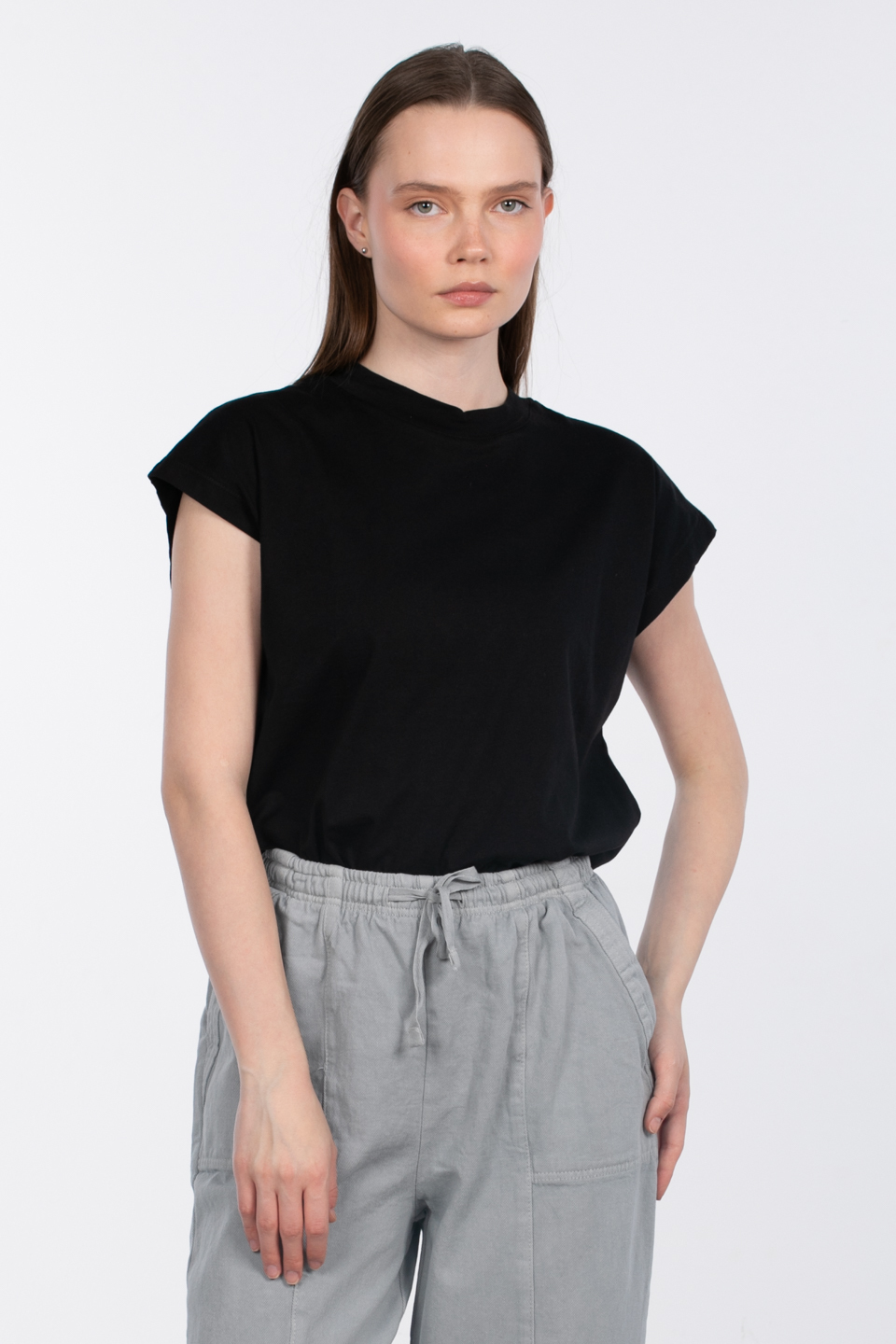 Düşük kol basıc t-shirt-4065 Siyah