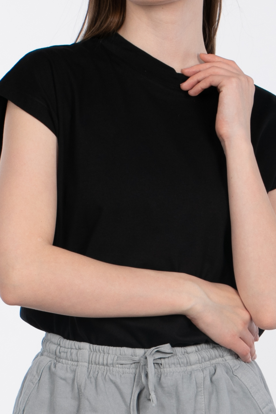 Düşük kol basıc t-shirt-4065 Siyah