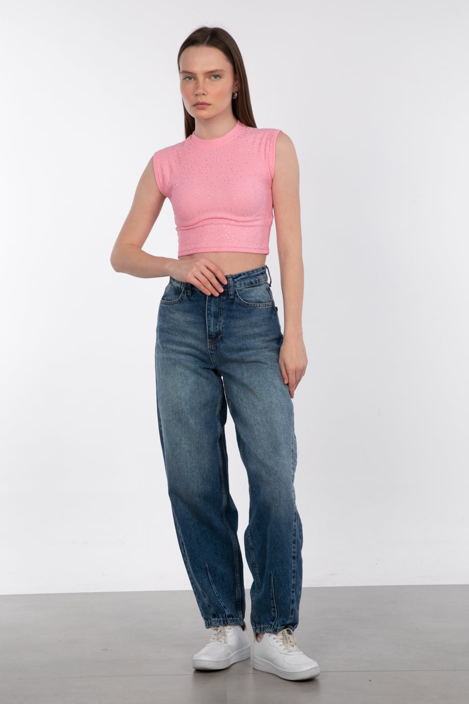 Düşük omuz taşlı crop body-1977 Pembe
