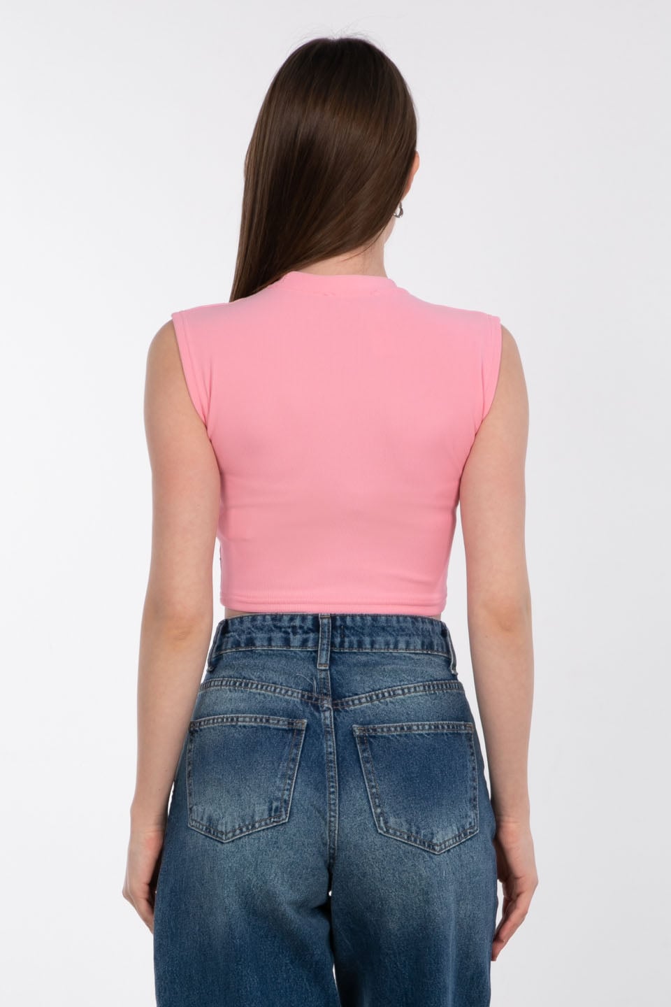 Düşük omuz taşlı crop body-1977 Pembe