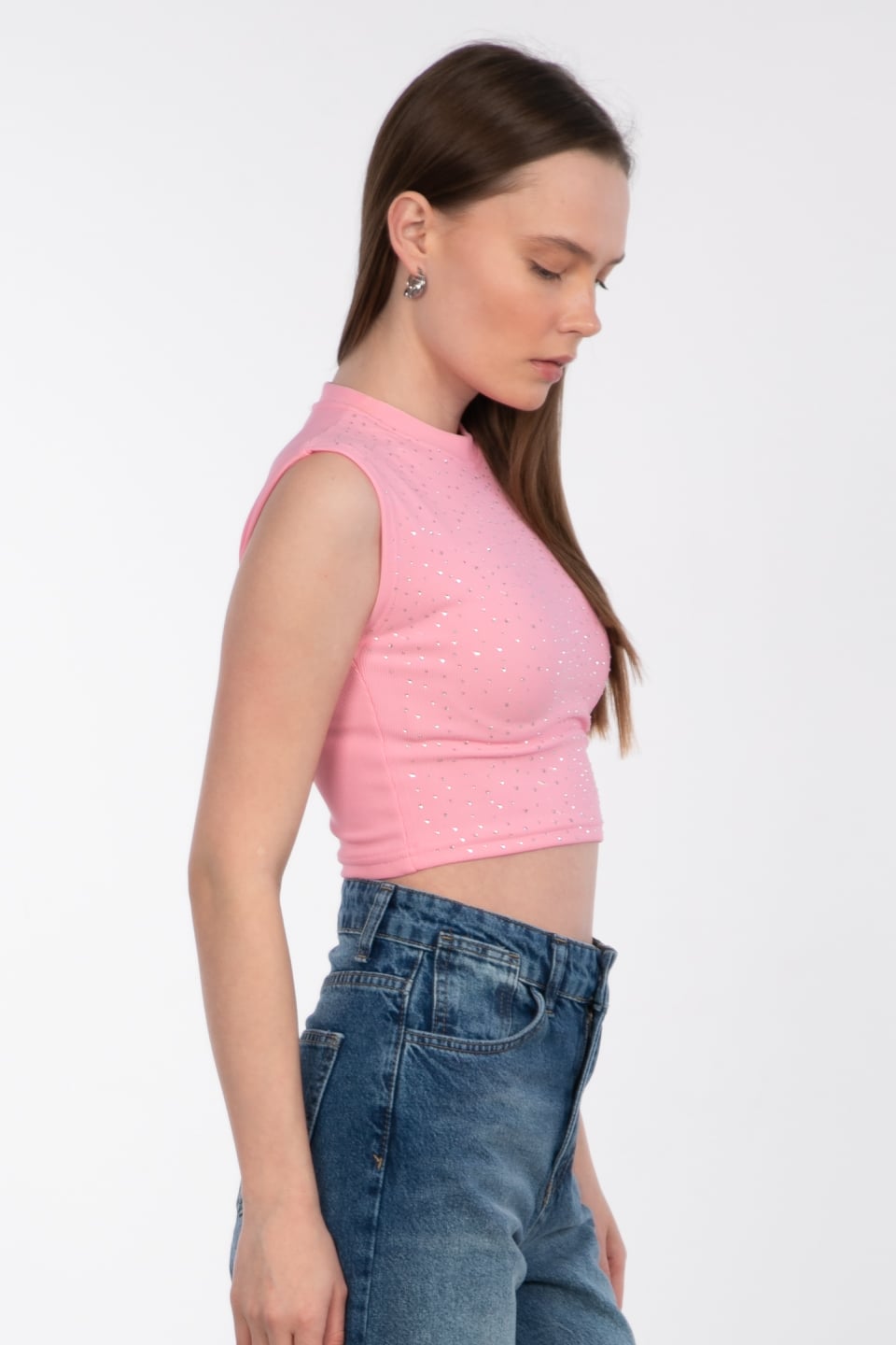 Düşük omuz taşlı crop body-1977 Pembe