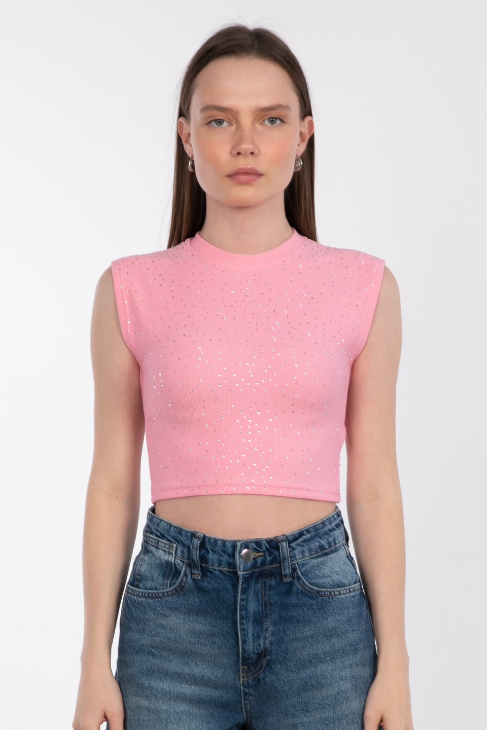 Düşük omuz taşlı crop body-1977 Pembe