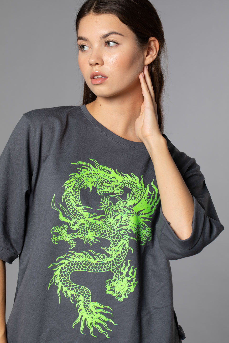 Ejderha Baskılı Double Kol T-Shirt-Füme