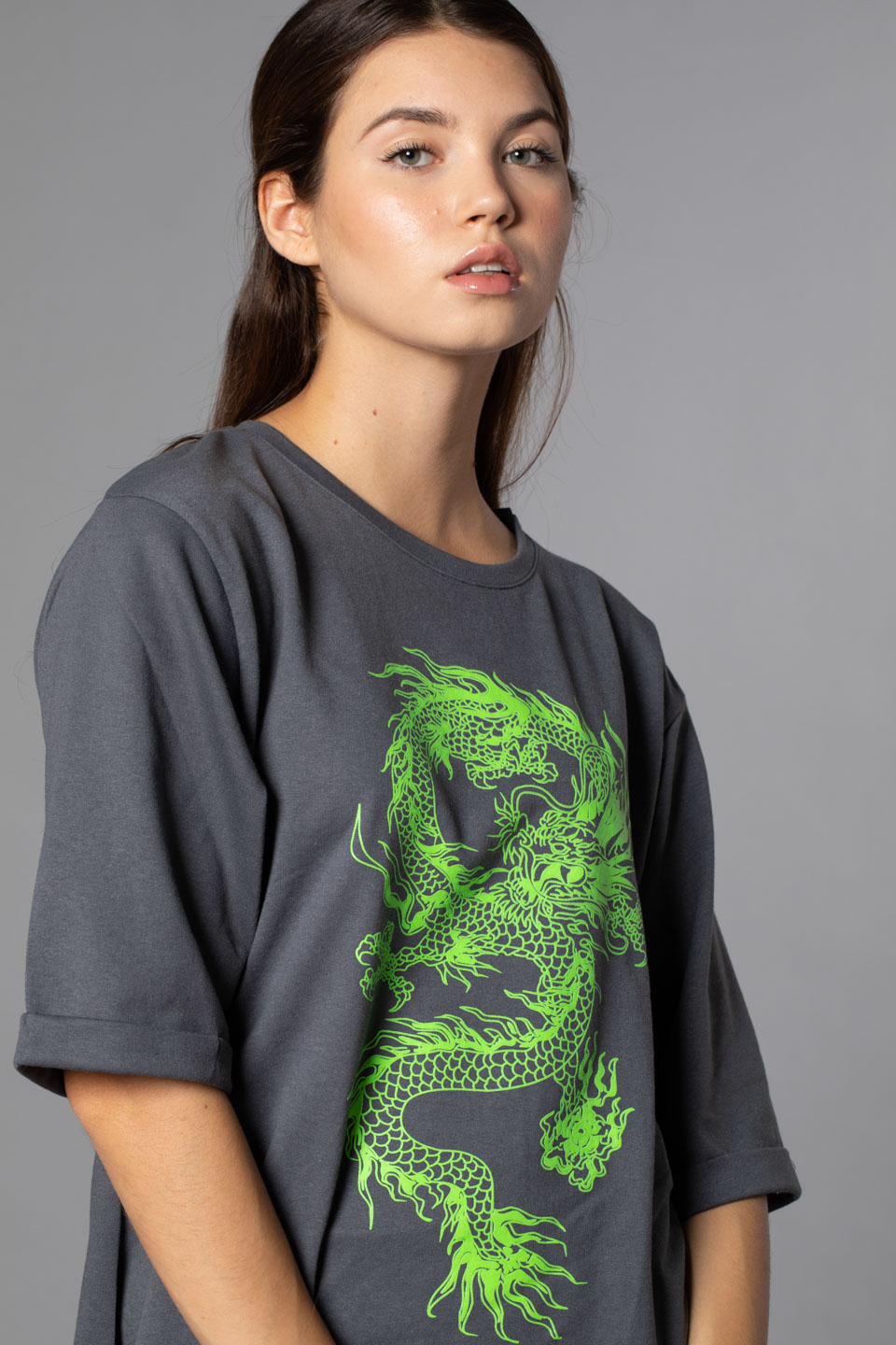 Ejderha Baskılı Double Kol T-Shirt-Füme