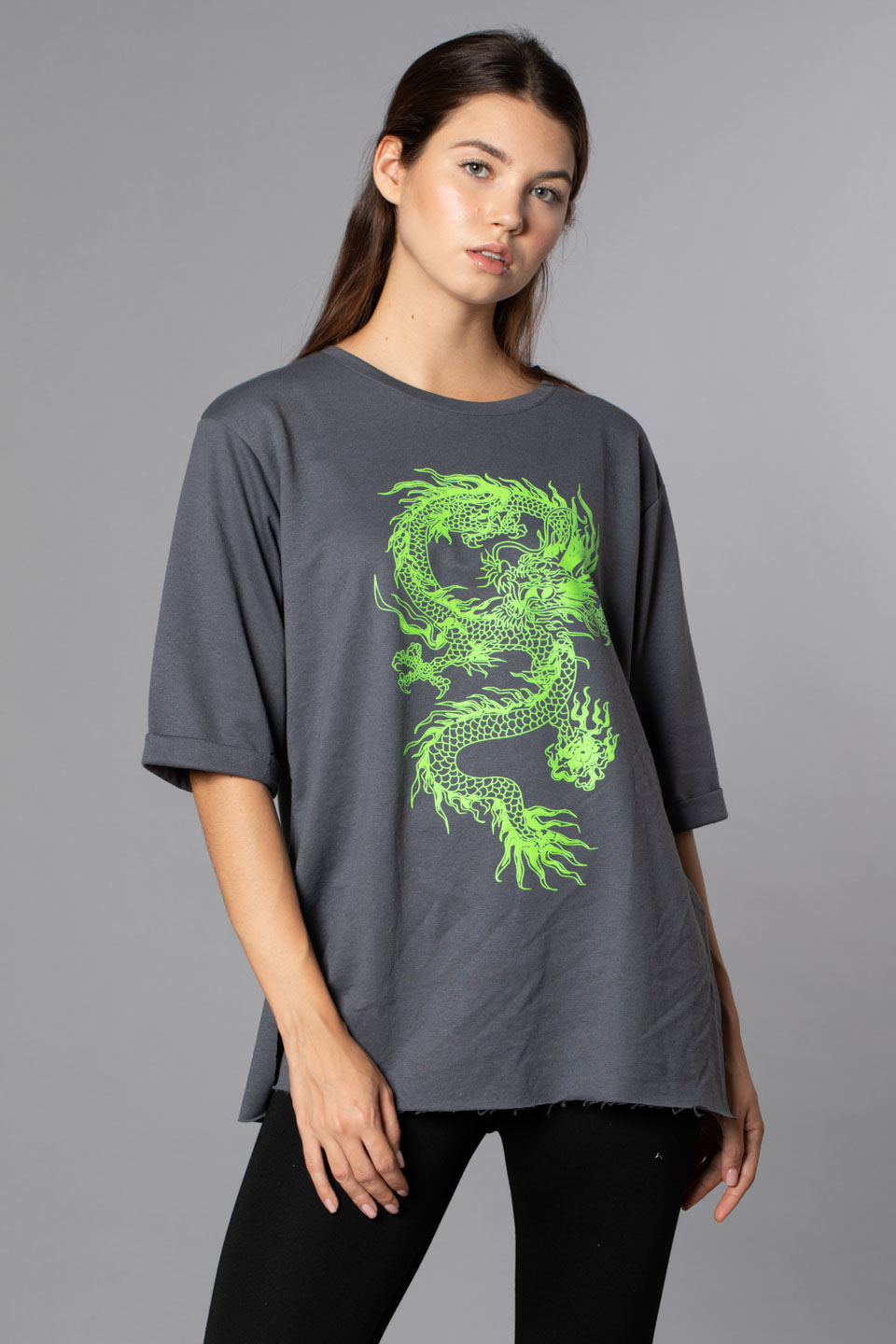 Ejderha Baskılı Double Kol T-Shirt-Füme