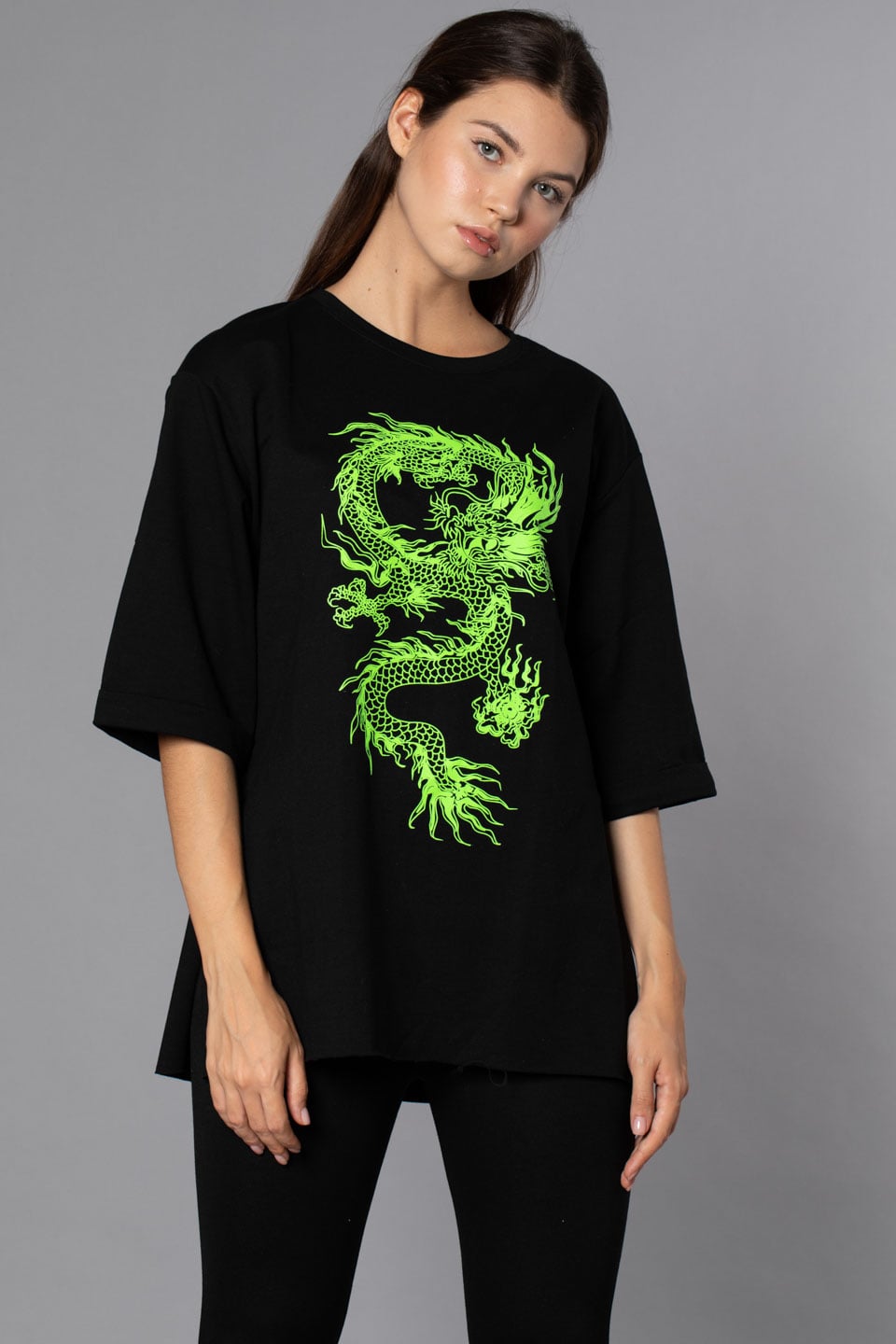 Ejderha Baskılı Double Kol T-Shirt-Siyah