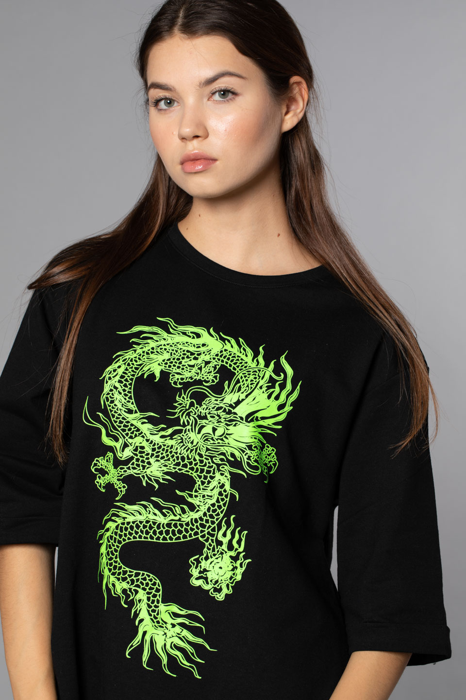 Ejderha Baskılı Double Kol T-Shirt-Siyah