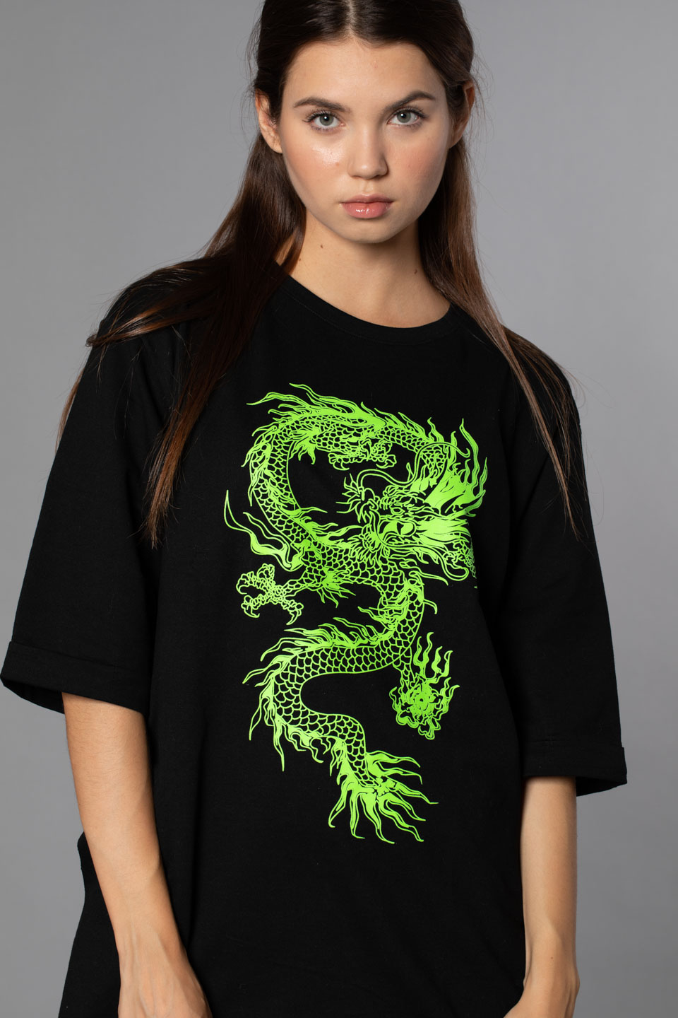 Ejderha Baskılı Double Kol T-Shirt-Siyah