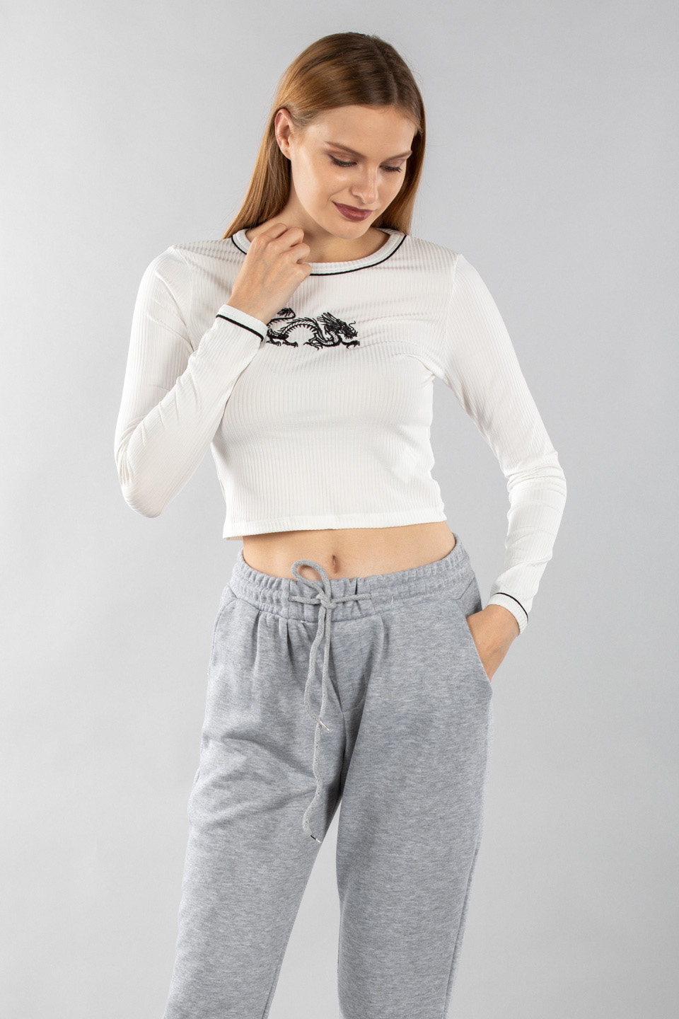 Ejderha nakışlı body-7354 Ekru