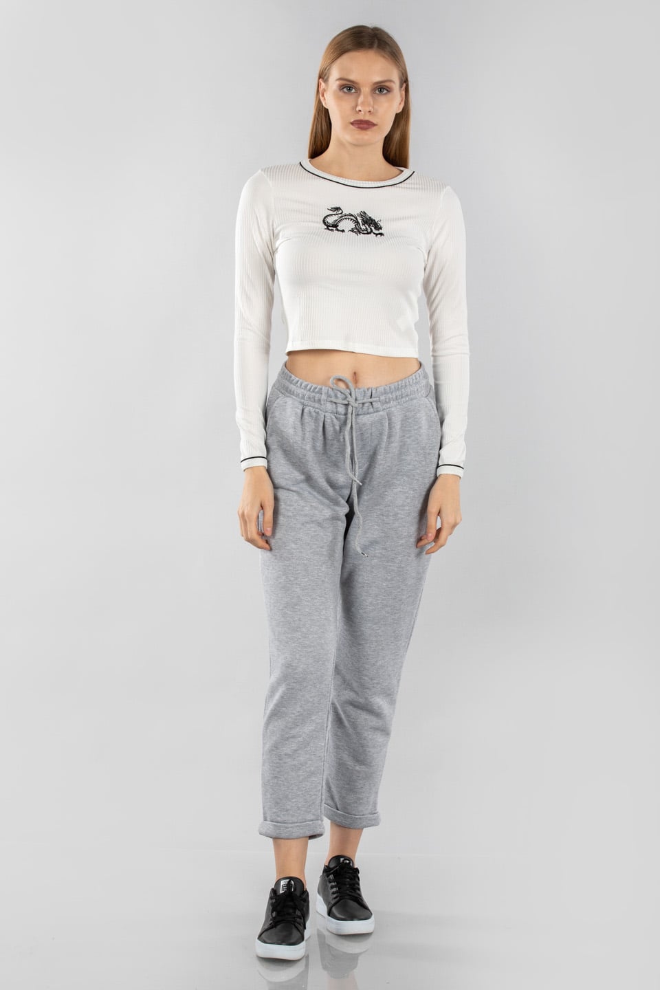 Ejderha nakışlı body-7354 Ekru