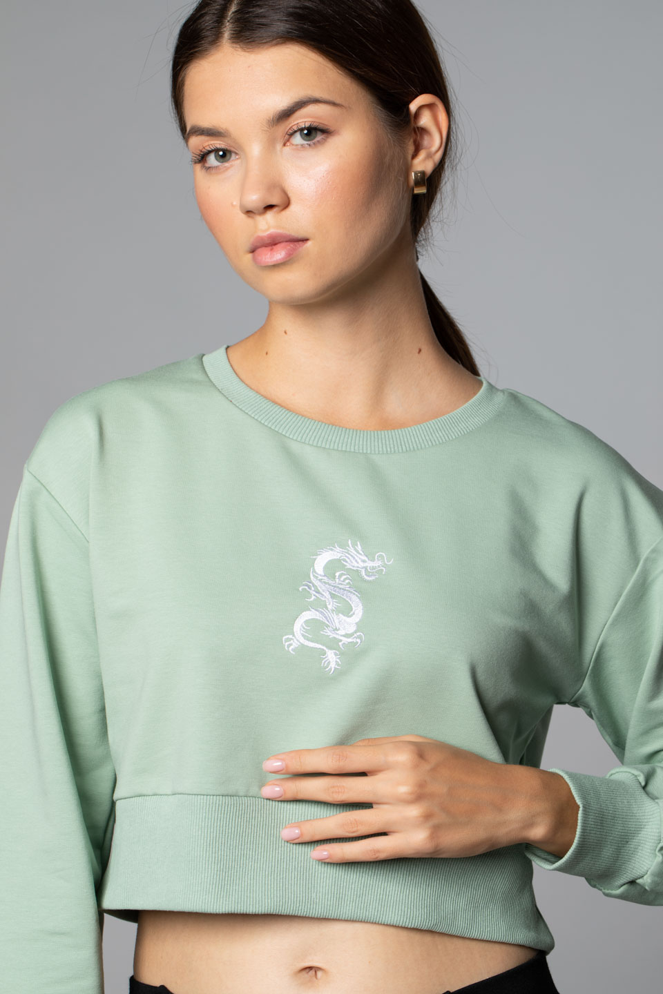 Ejderha Nakışlı Crop Sweat-Çağla