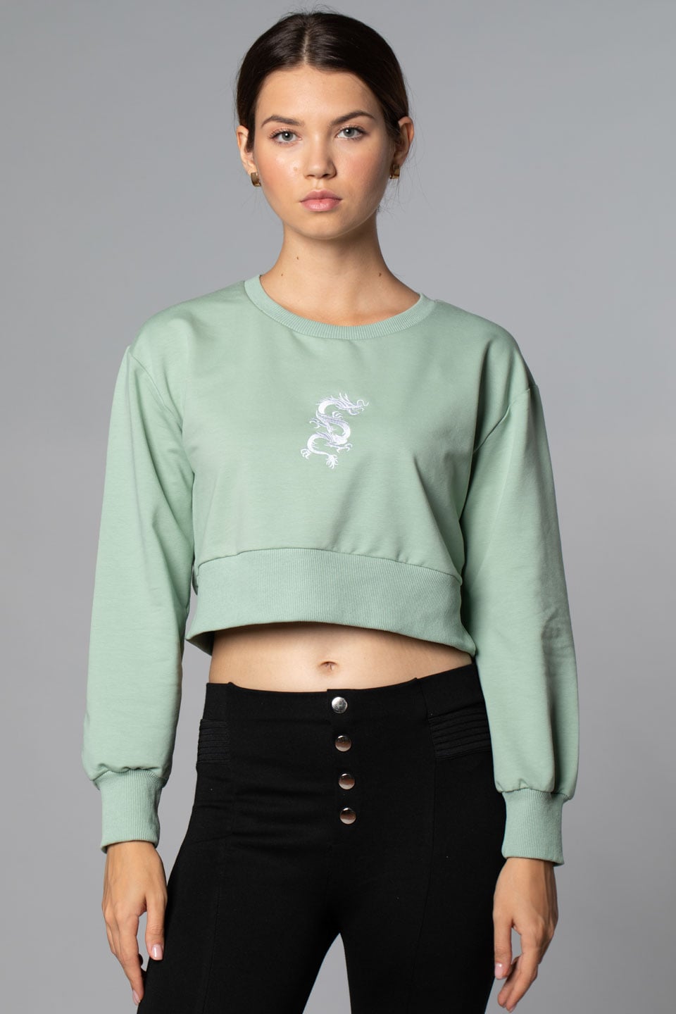 Ejderha Nakışlı Crop Sweat-Çağla