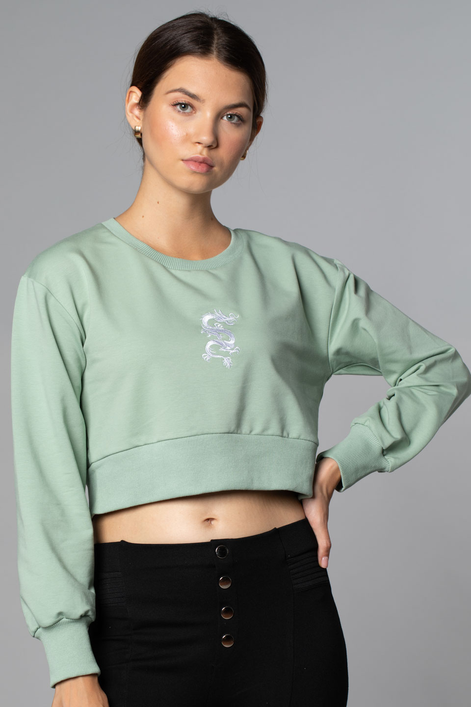 Ejderha Nakışlı Crop Sweat-Çağla