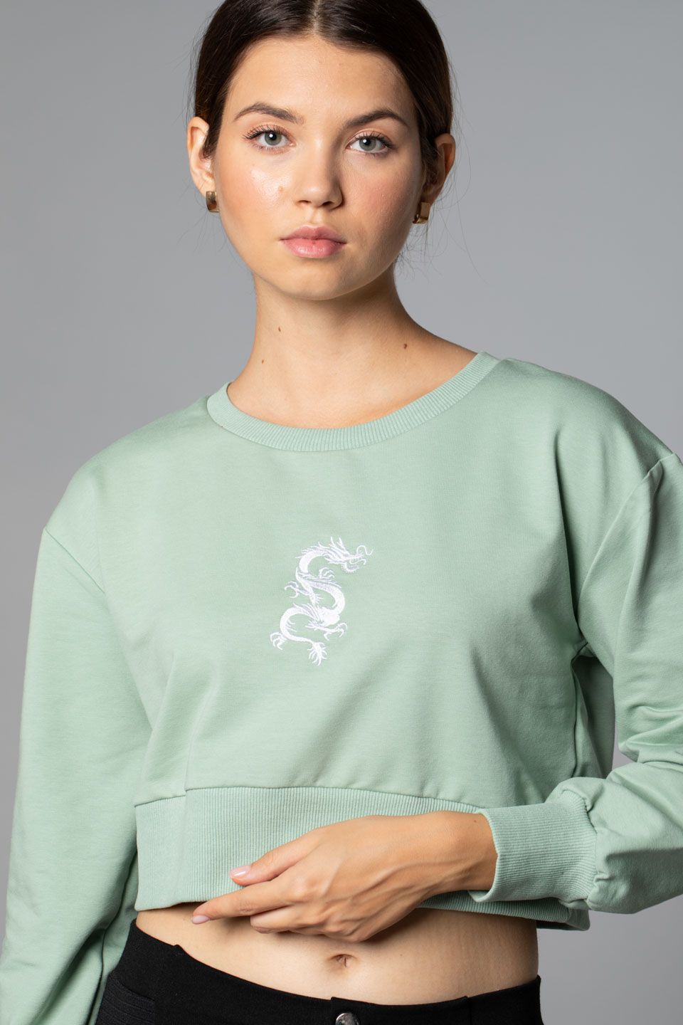 Ejderha Nakışlı Crop Sweat-Çağla