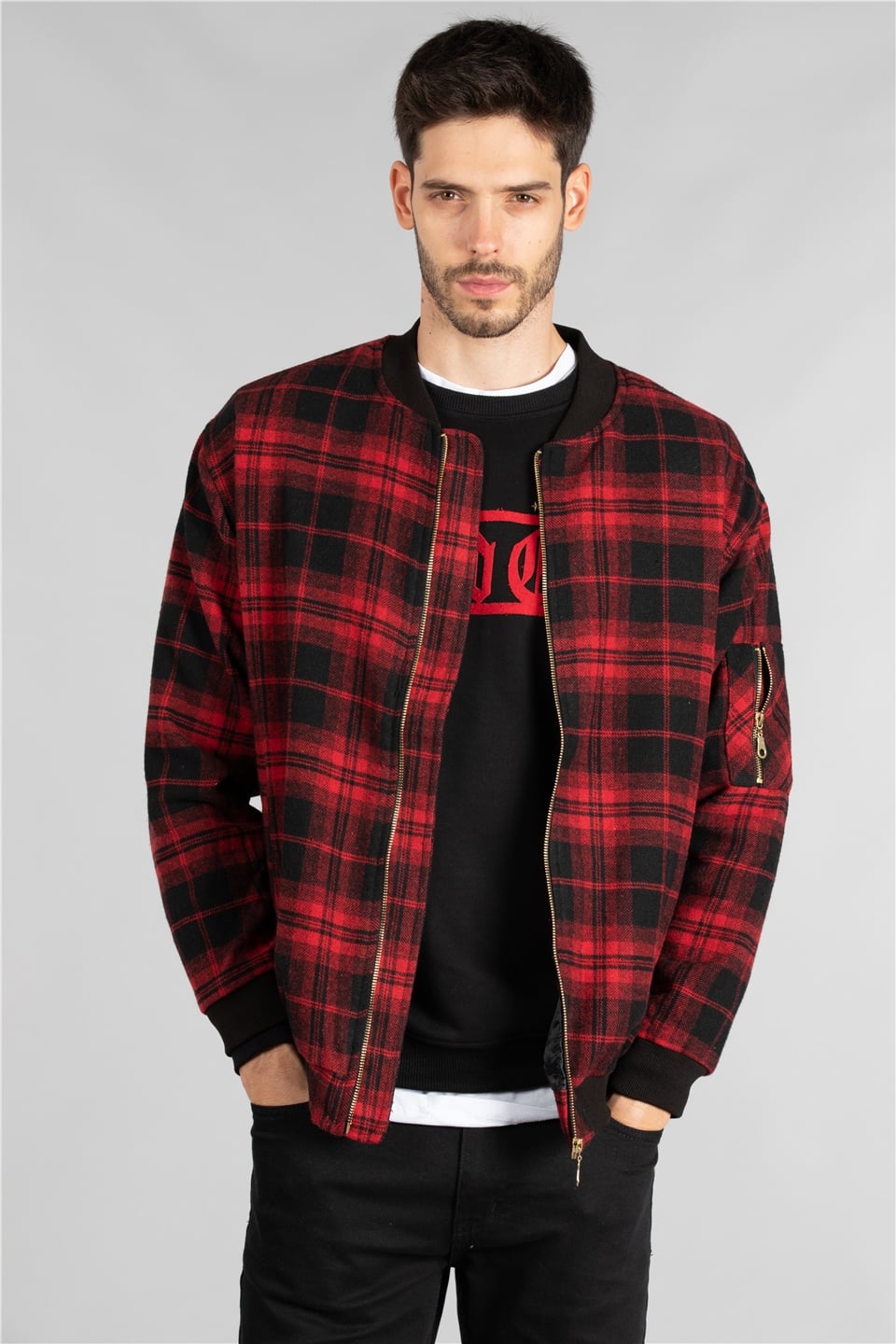Ekose bomber ceket-34-3745 Kırmızı