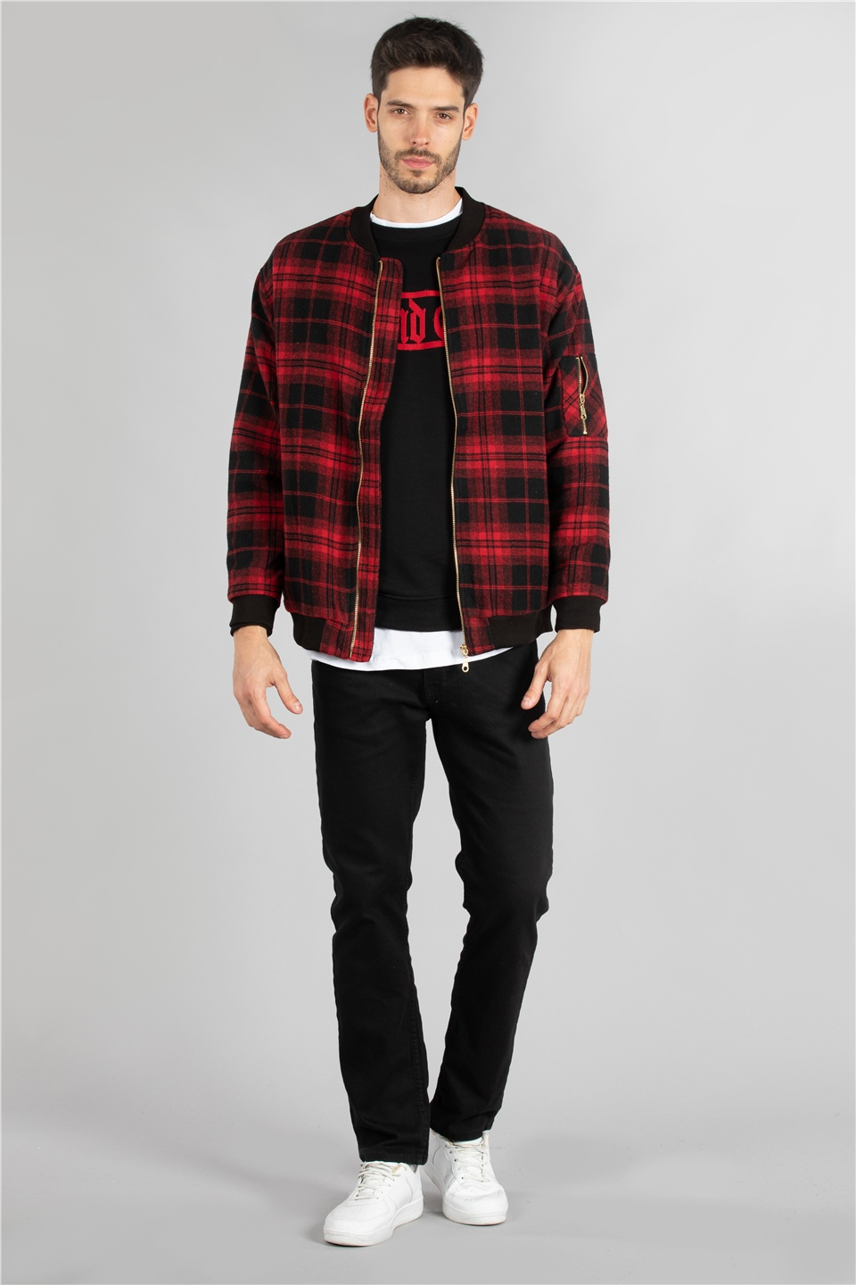 Ekose bomber ceket-34-3745 Kırmızı