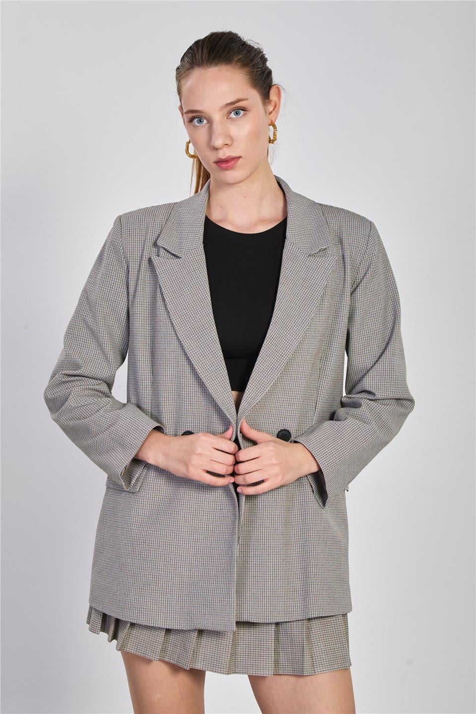 Ekose desenli blazer ceket-2495 Kahve