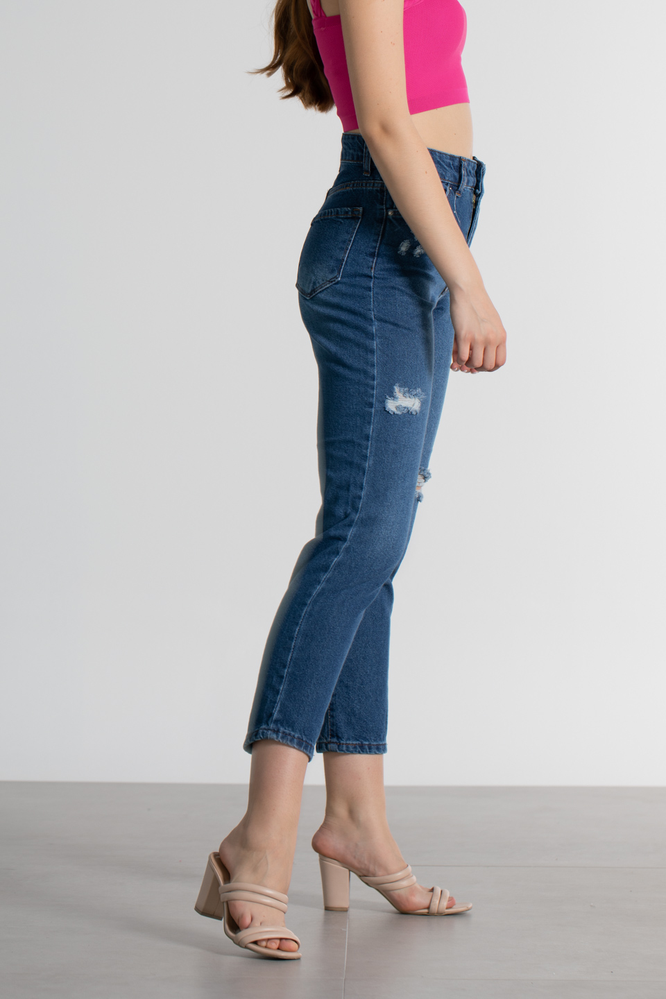EMILY-Dizi yırtık mom jean pantolon-13015 Mavi