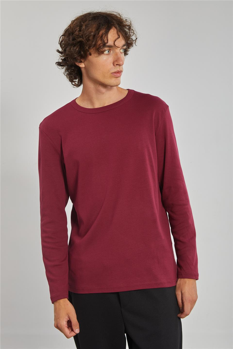 Erkek Bisiklet Yaka Sweatshirt - Vişne